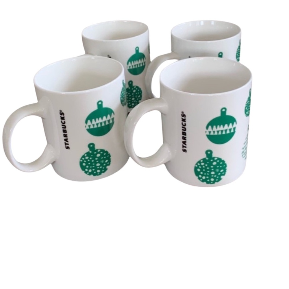 Starbucks Set of Four Collectible 2016 White/Green Holiday Ceramic Mugs